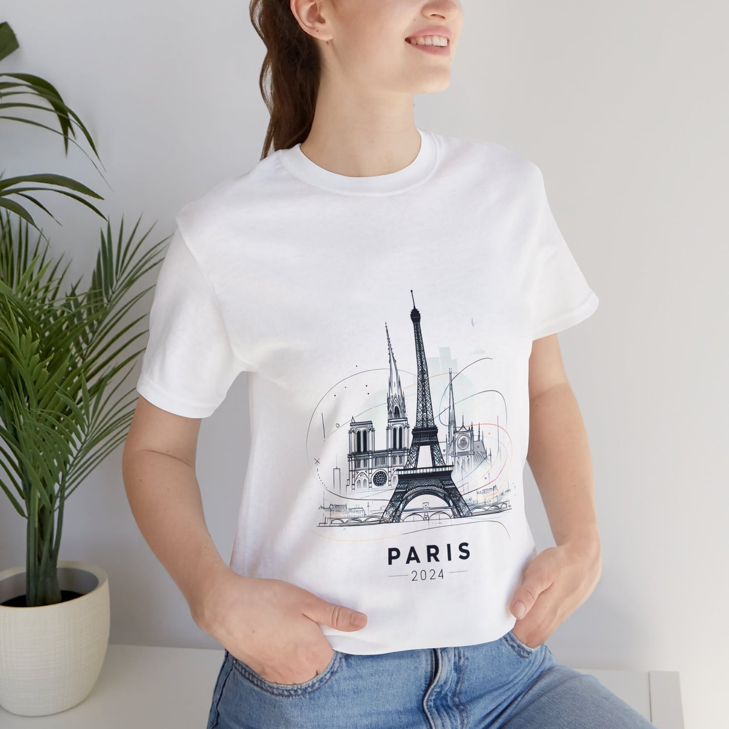 Unisex Short Sleeve Tee with Eiffel Tower Design